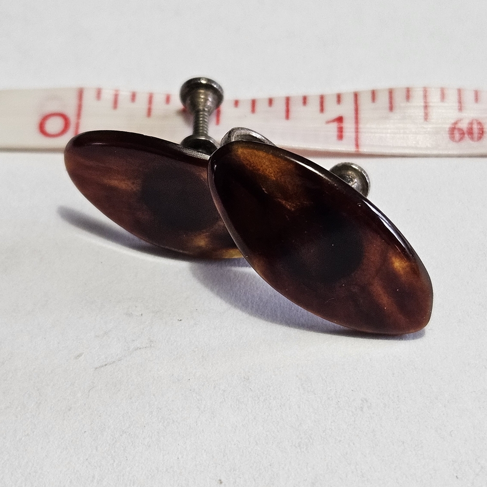 Tortoiseshell Marquise Screw-Back Earrings - Brown Sterling T2 Marked